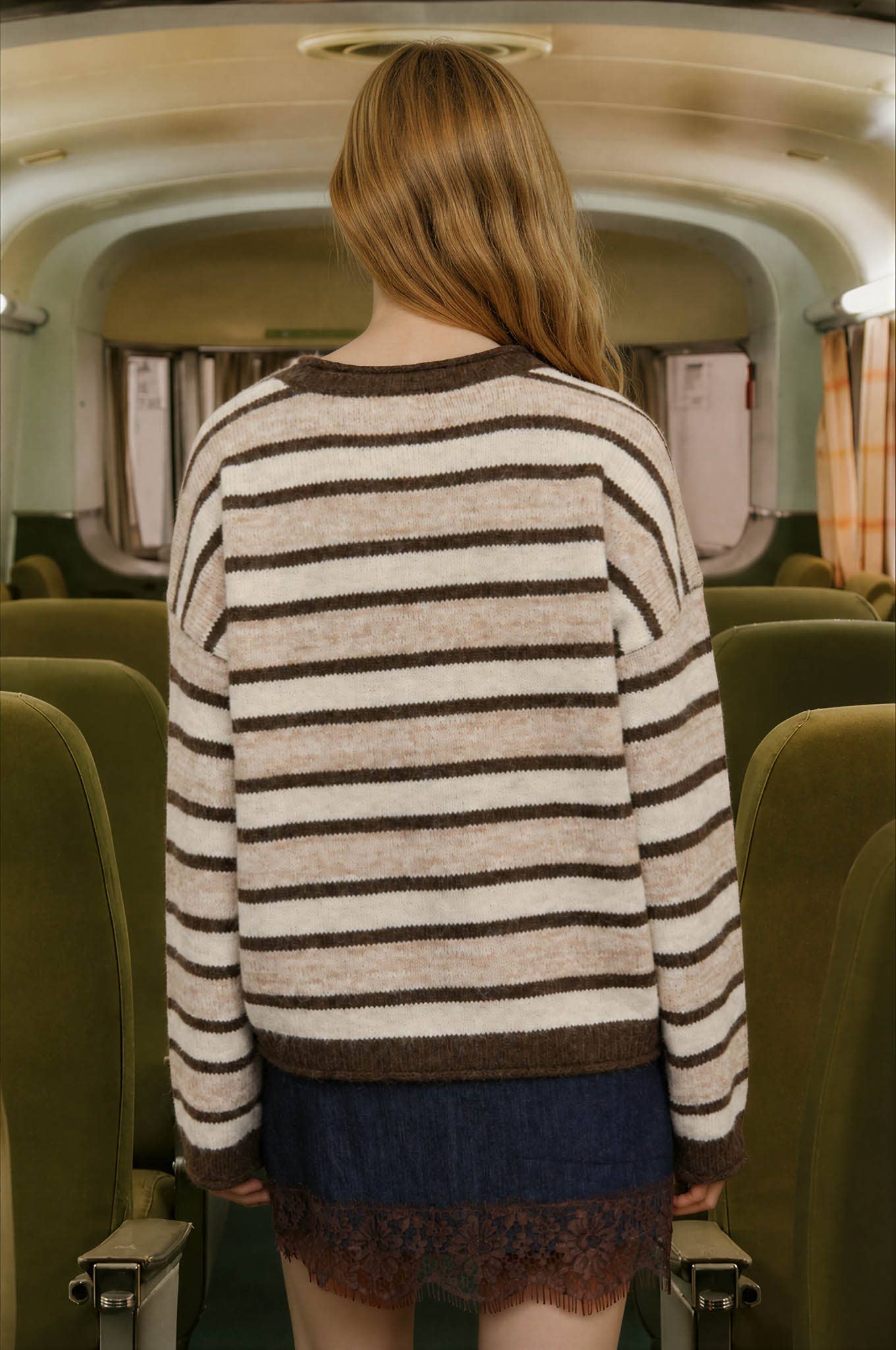 HEATHERED MULTI-STRIPE RAW EDGE KNIT SWEATER