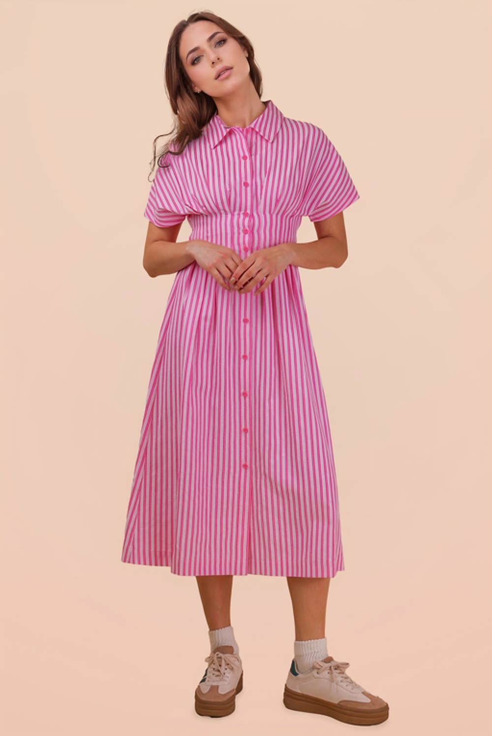 ND32074-Stripe Waist Pleated Midi Shirt Dress