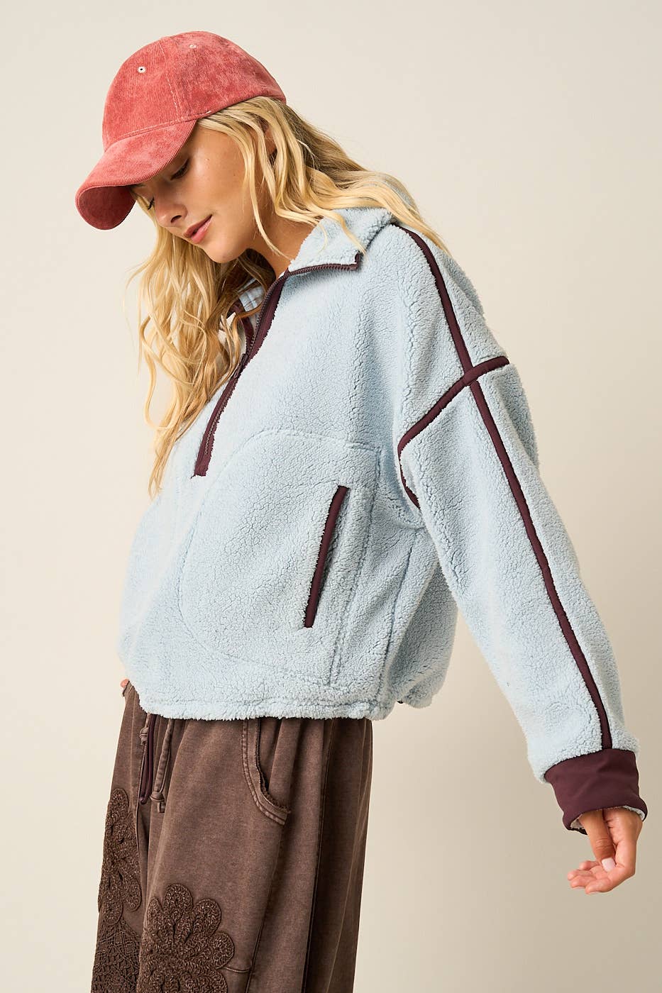 HALF ZIP CONTRAST DETAIL FLEECE SWEATSHIRT