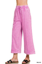 Acid Washed Fleece Pintuck Wide Leg Cropped Pants w/ Pockets