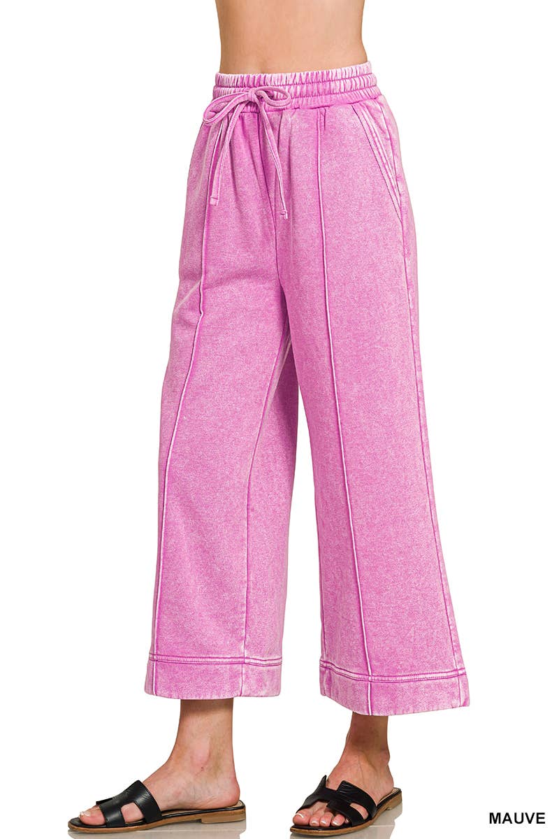 Acid Washed Fleece Pintuck Wide Leg Cropped Pants w/ Pockets