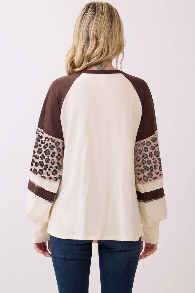 Leopard Print Color Block Raglan Pullover Top