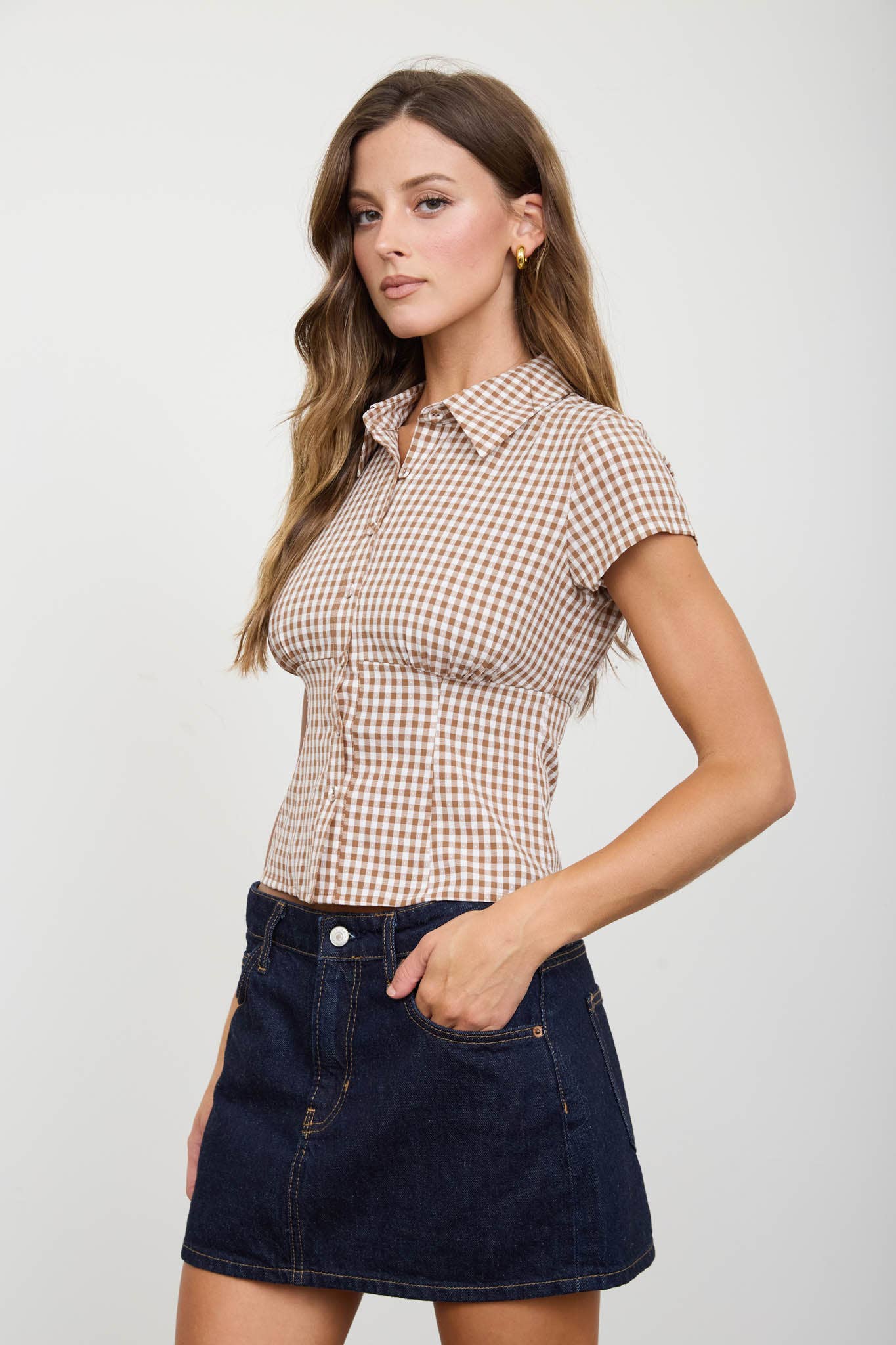 GINGHAM COLLARED SHORT SLEEVE CONTOURED TOP