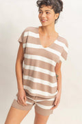 V-neck Top N Striped Shorts Set