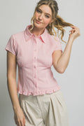 0410 Short Sleeve Collared Ruffled Hem Shirt SI-29702