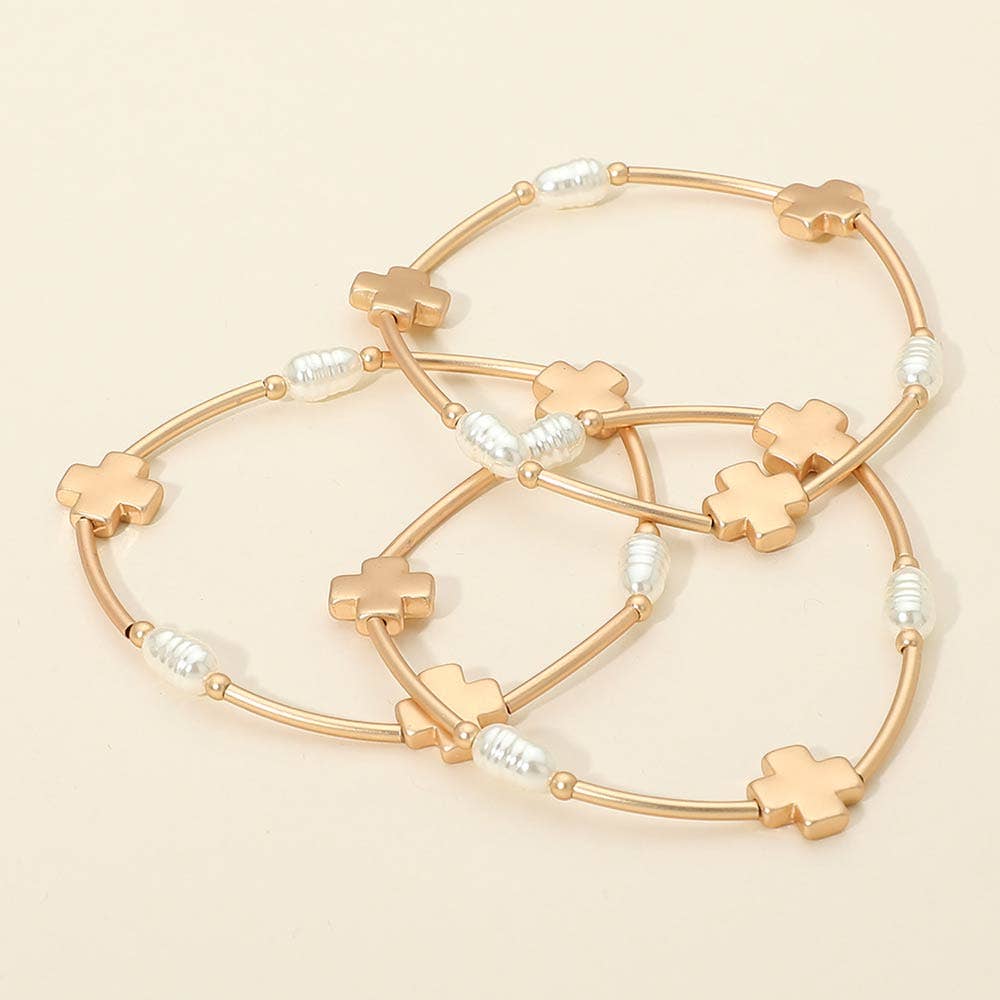 3PCS - Cross Charm Pearl Beaded Stretch Multi Layered Bracelets