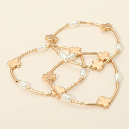 3PCS - Cross Charm Pearl Beaded Stretch Multi Layered Bracelets