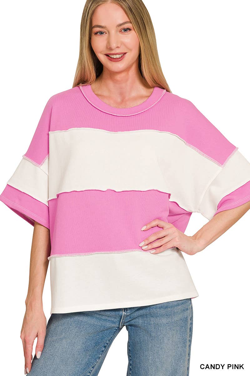 French Terry Color Block Exposed Seam Top