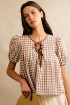 Plaid Check Pintuck Short Sleeves Blouse Top