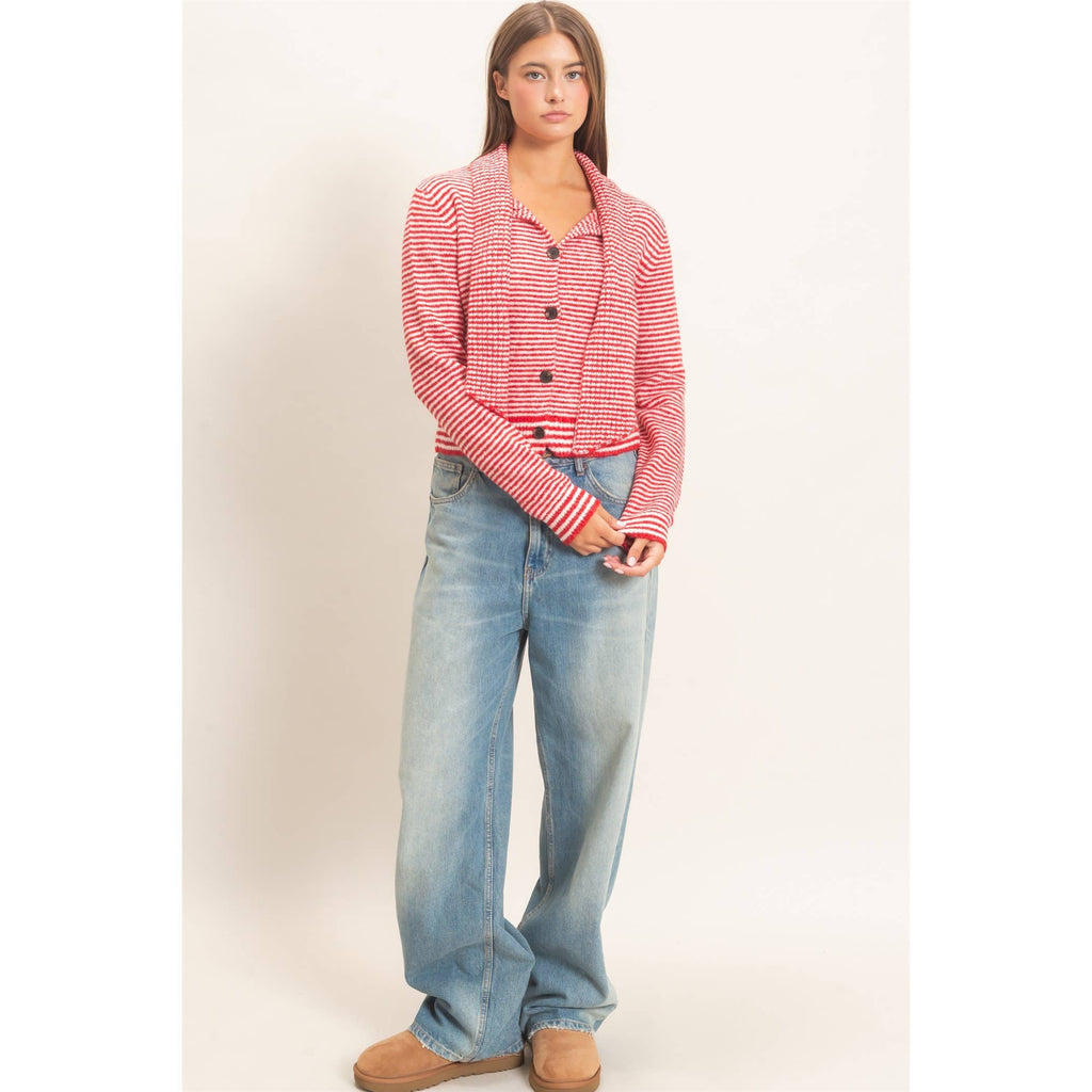 Striped Cardigan With Scarf