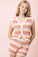 Multi Color Stripe Knit Sweater Top N Shorts Set
