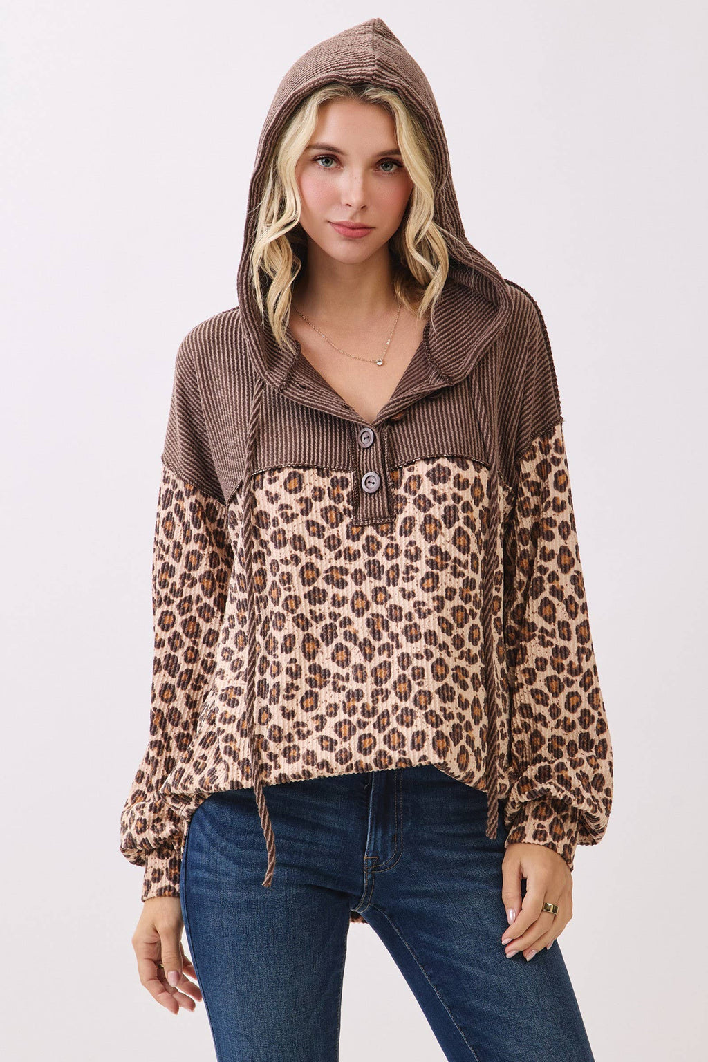 Leopard Button Front Drawstring Hooded Sweatshirt