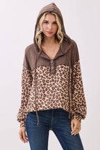 Leopard Button Front Drawstring Hooded Sweatshirt