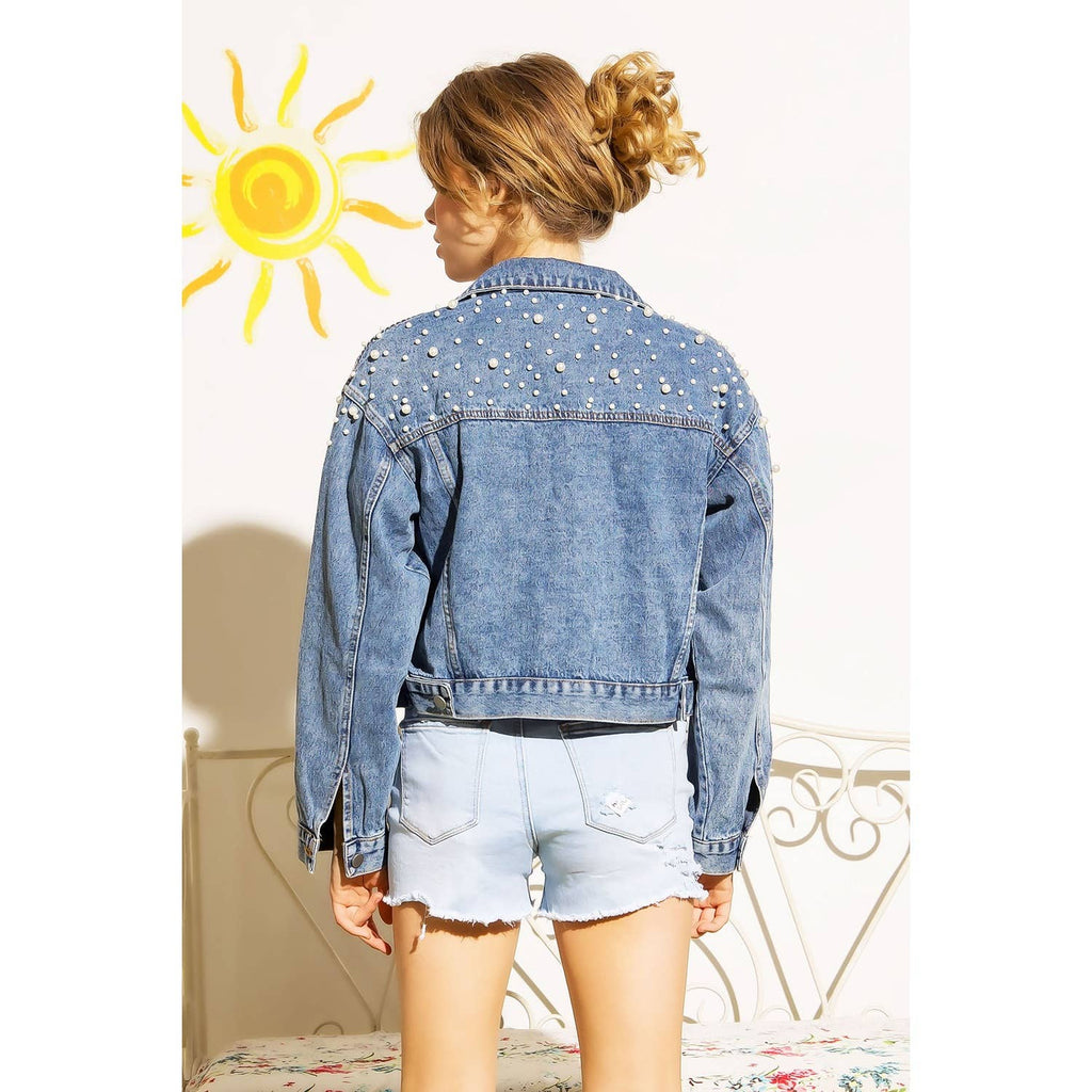 DENIM CROP JACKET WITH PEARL STUDS