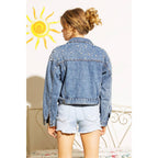 DENIM CROP JACKET WITH PEARL STUDS