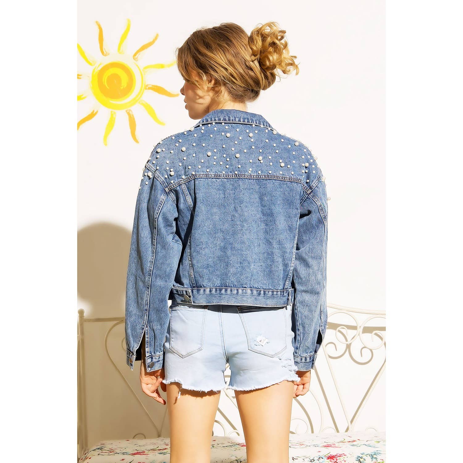 DENIM CROP JACKET WITH PEARL STUDS