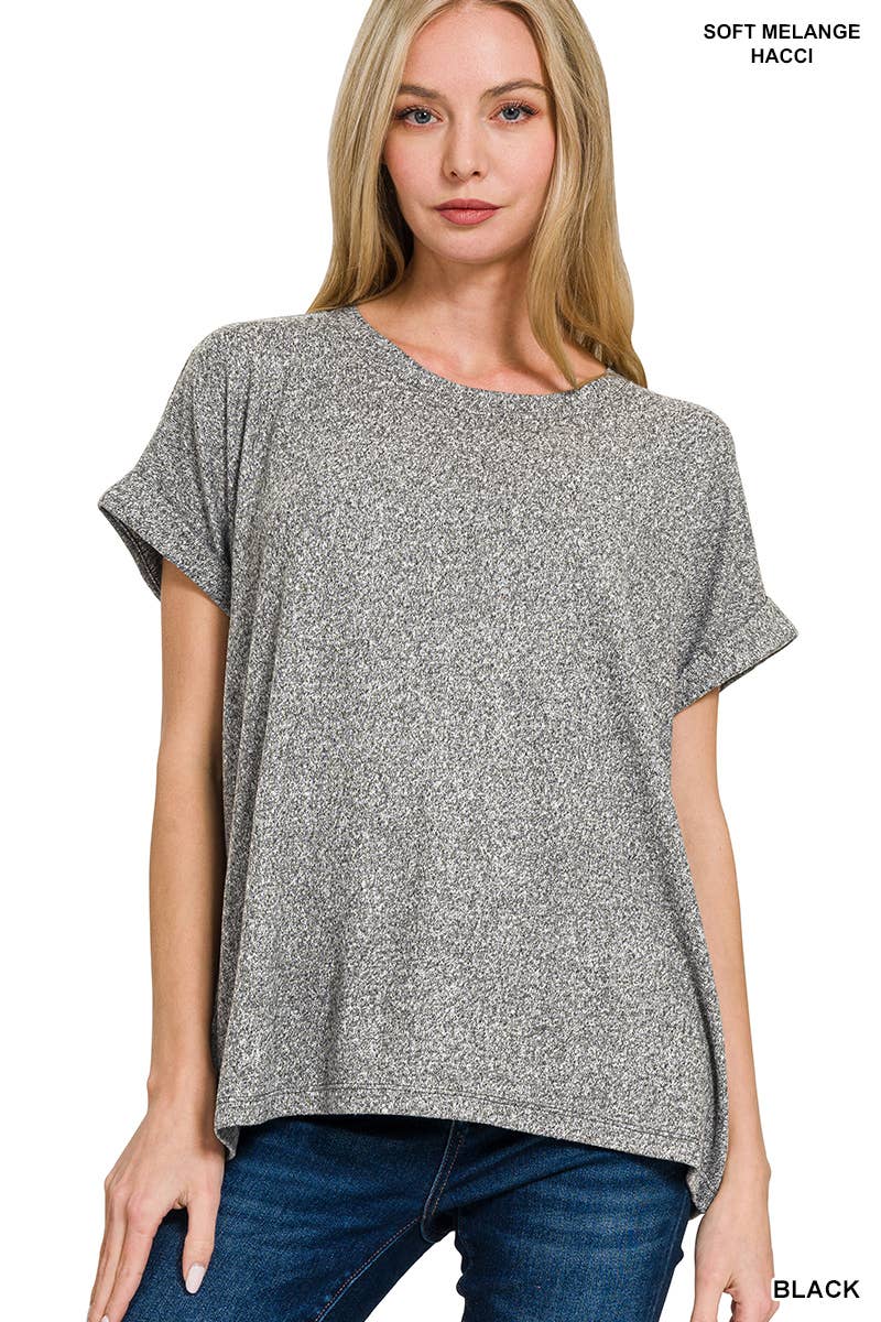 Soft Melange Folded Sleeve Round Neck Top - Zenana