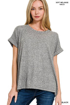 Soft Melange Folded Sleeve Round Neck Top - Zenana