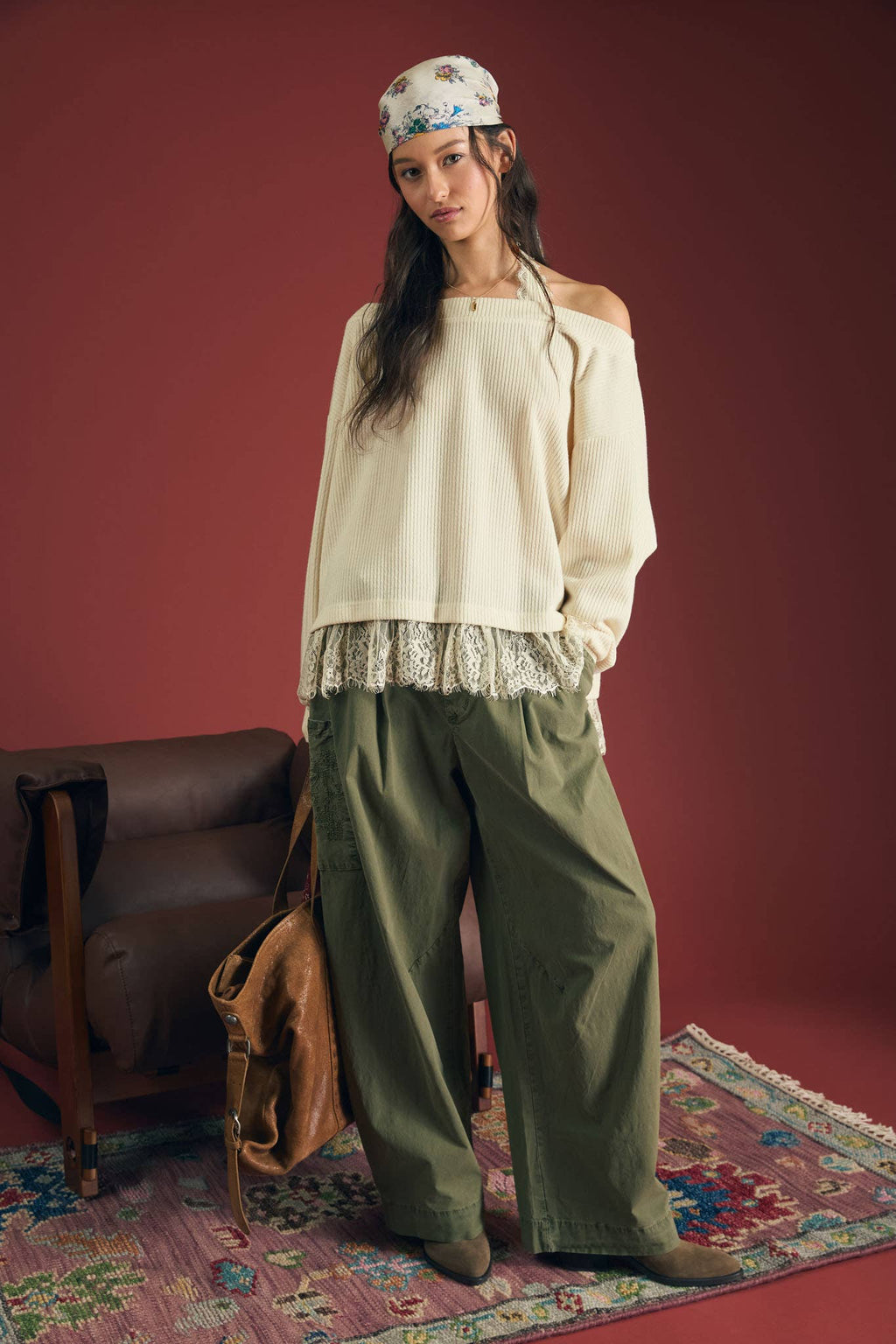 LAYERED HALTER LACE NECK OFF-SHOULDER KNIT TOP