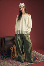LAYERED HALTER LACE NECK OFF-SHOULDER KNIT TOP