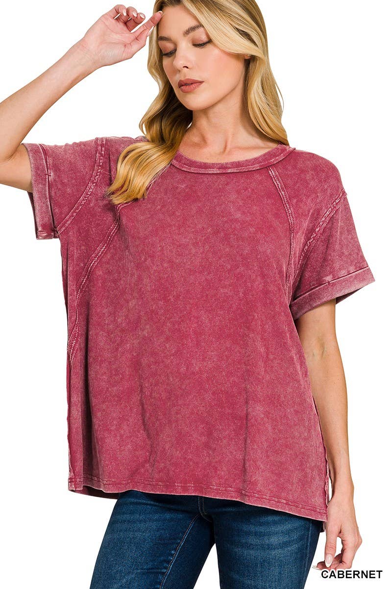 Washed Ribbed Cuffed Short Sleeve Round Neck Top