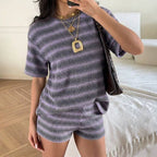 Striped Knit Lounge Set Boutique Shorts Fitted Ribbed