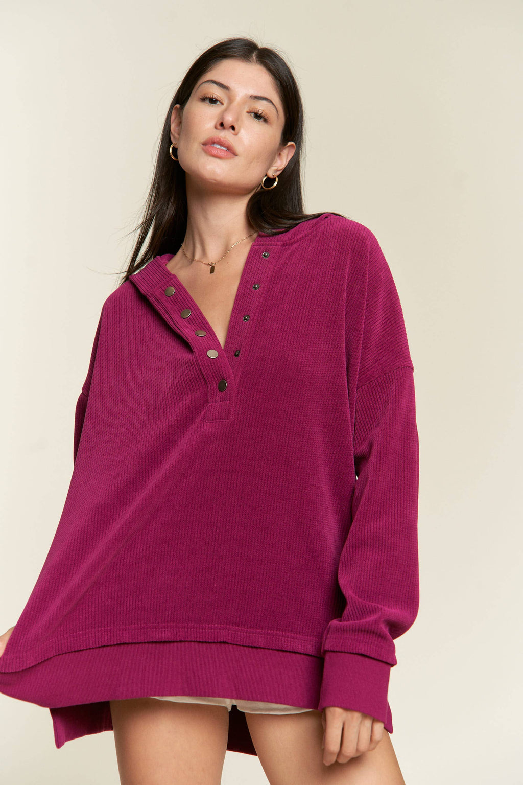 Long Sleeve Button Down Ribbed Hooded Sweatshirt JJT5070