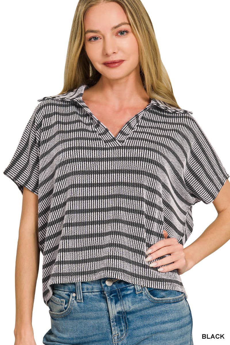 0424 Raised Rib Striped Collared Top SI-29768