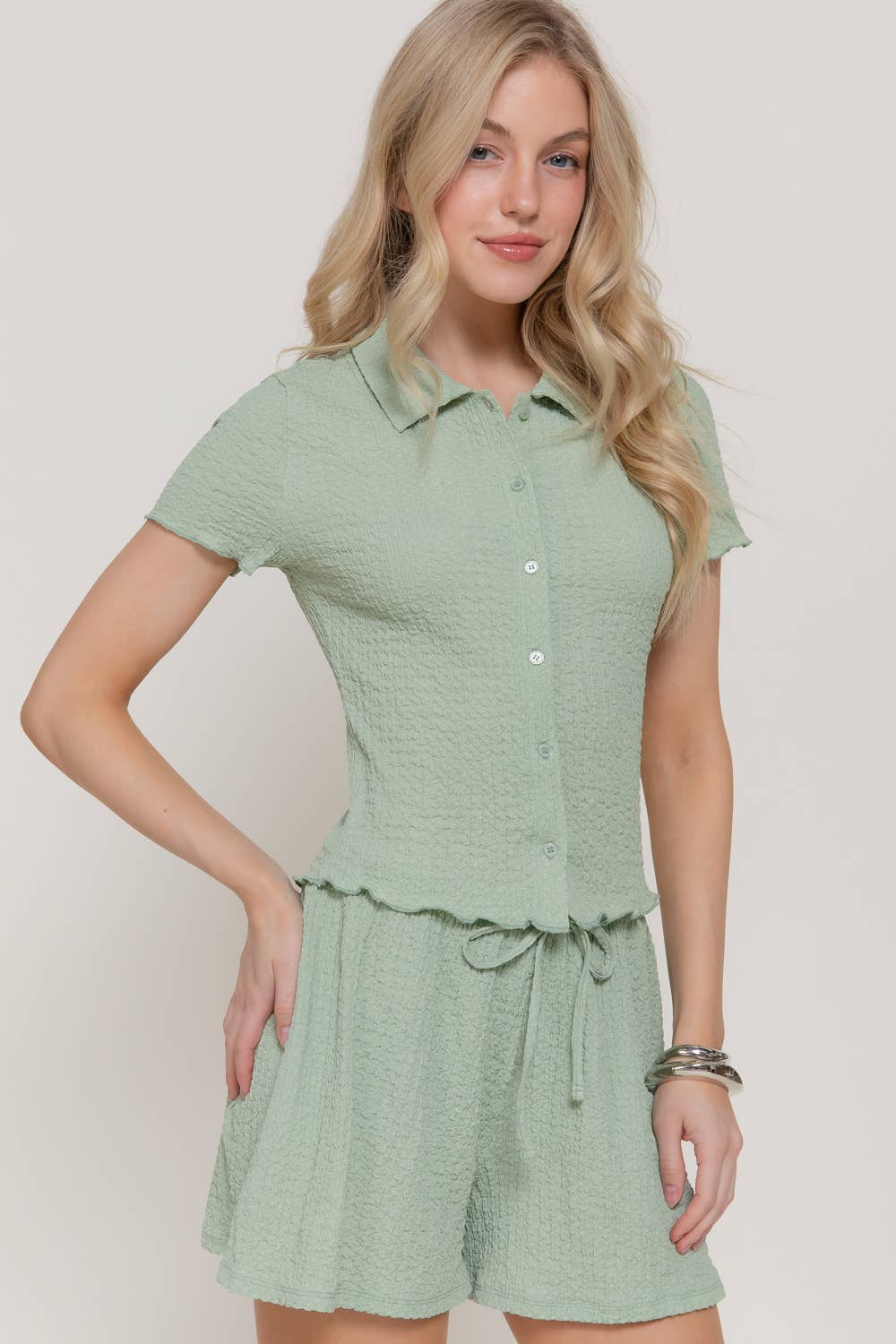 Short Sleeve Button Down Top & Shorts Crinkle Knit Set