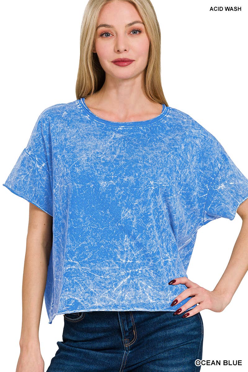 Crinkle washed crew neck short sleeve crop box tee - Zenana