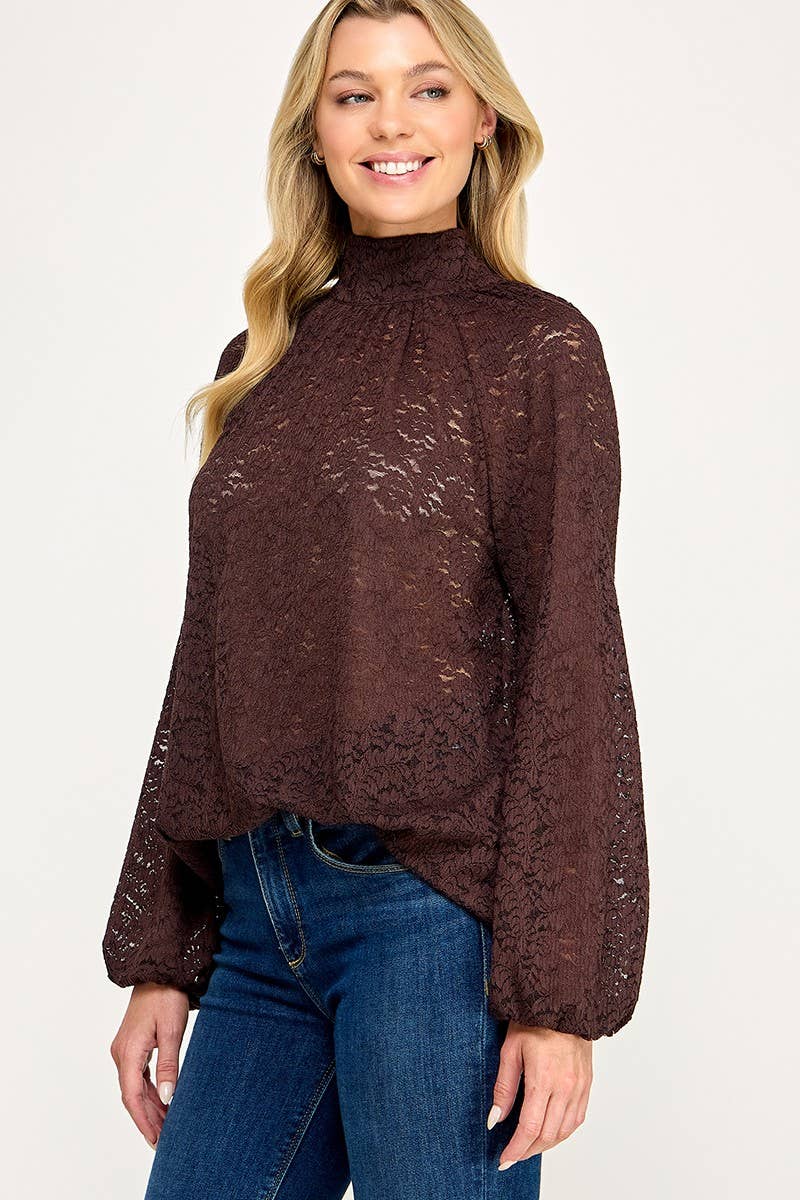 Lace High Neck Back Tie Blouse