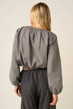 CHECKERED RUFFLE TRIM TIE FRONT LONG SLEEVE TOP