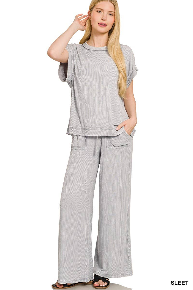 Ribbed Acid Wash Rayon Top N Pants Set