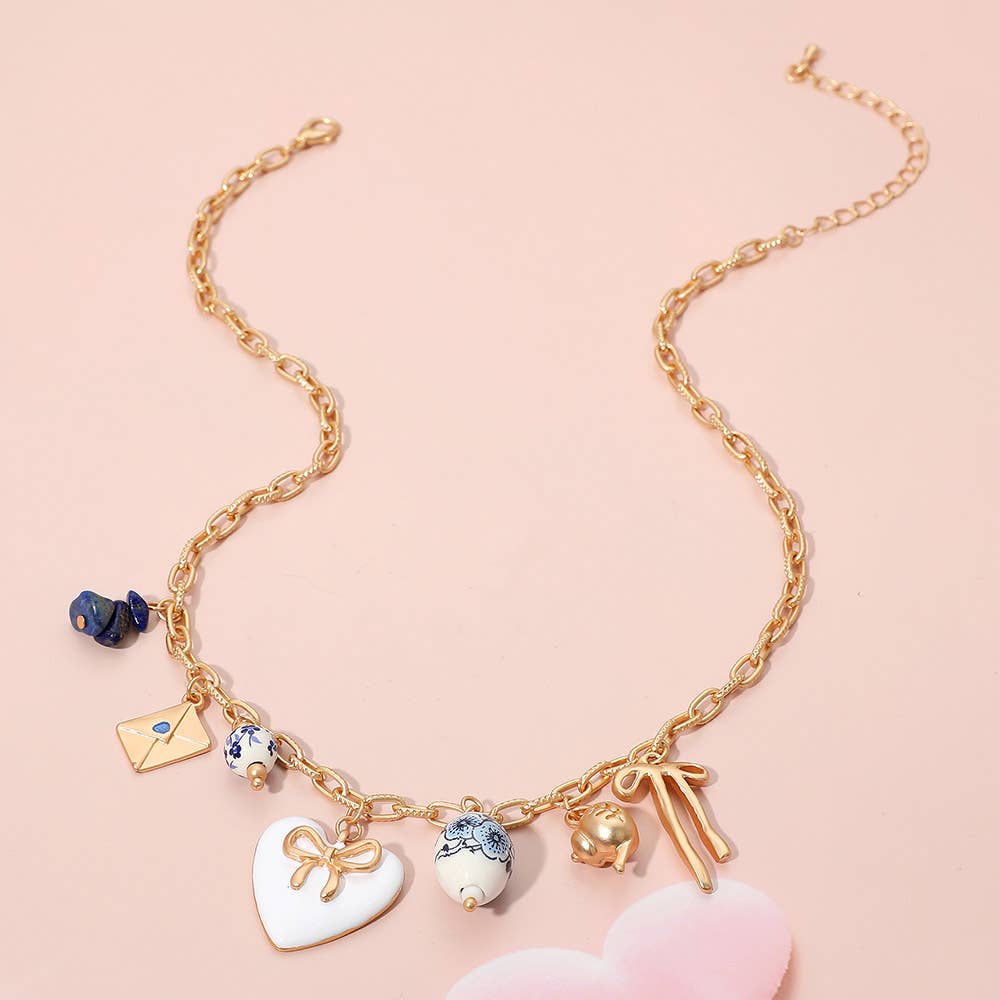 Bow Heart Tea Party Charm Station Necklace