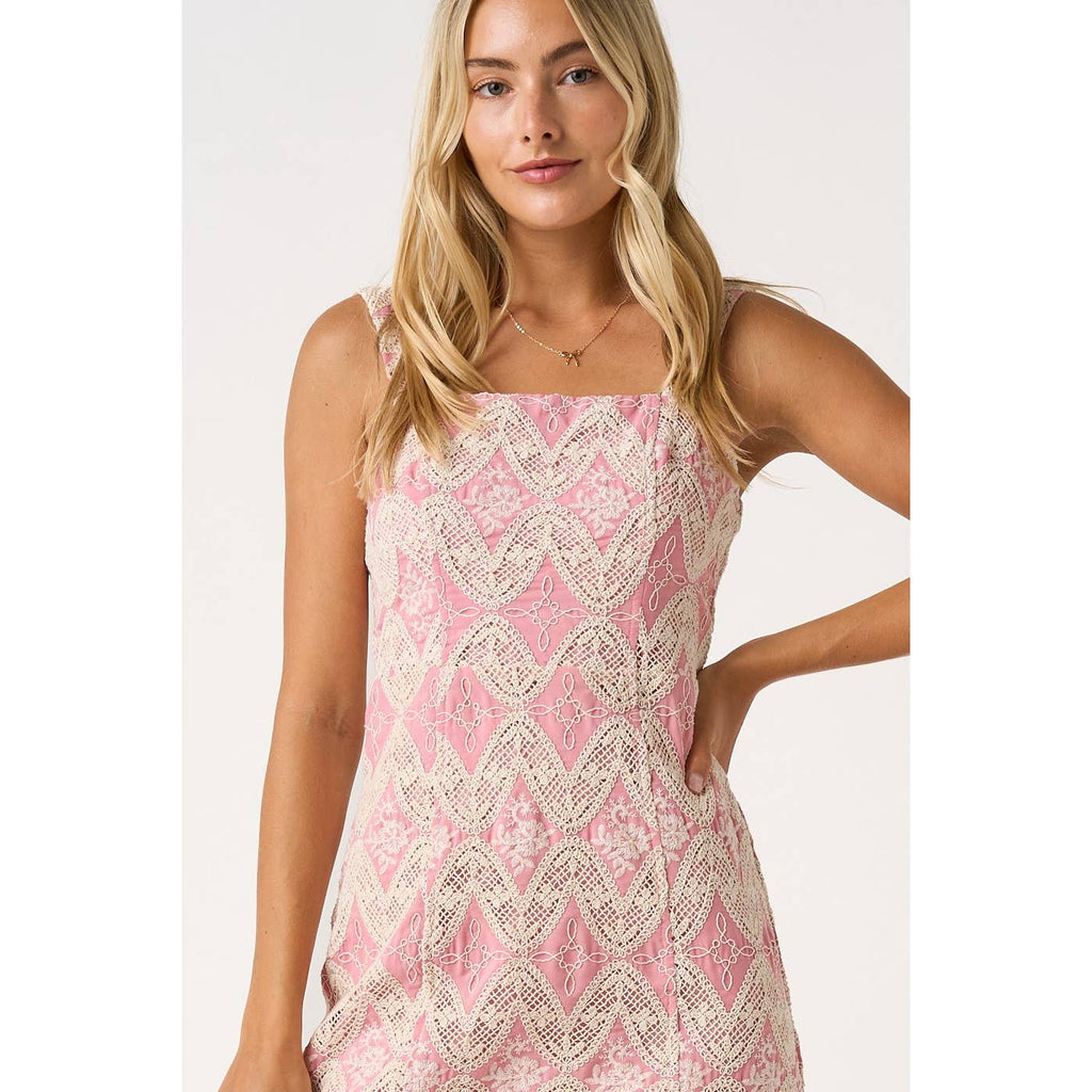 EMBROIDERED SCALLOP HEM SLEEVELESS MINI DRESS