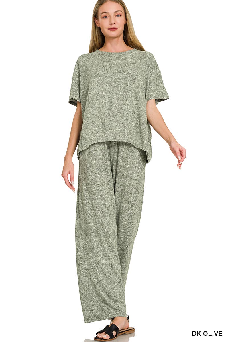 Soft Melange Short Sleeve Tee & Long Pants Set - Zenana
