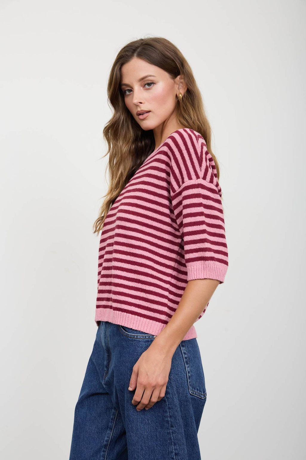 STRIPE CONTRAST TRIM SHORT SLEEVE KNIT SWEATER