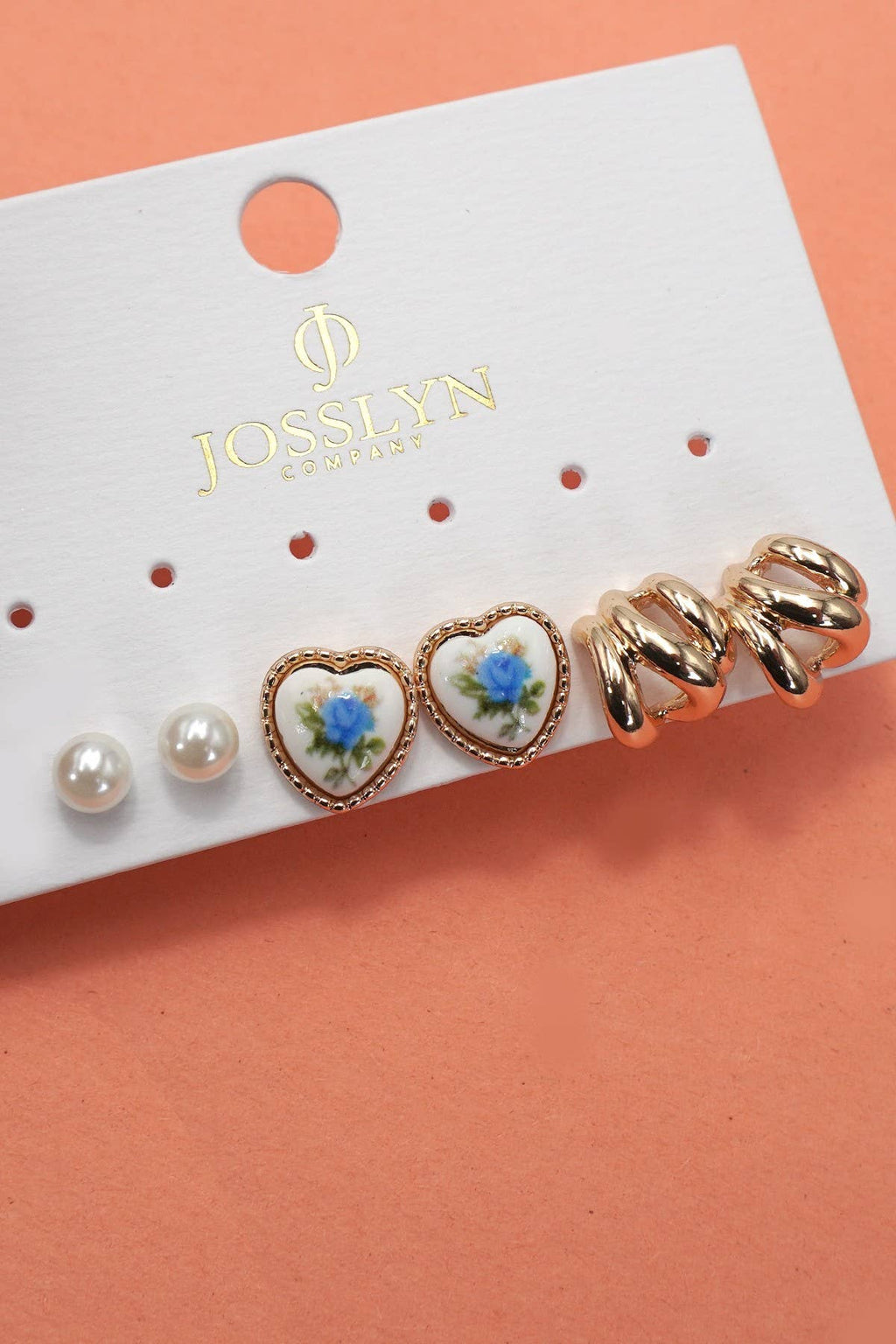 HEART FLORAL PORCELAIN STUD HOOP TRIO EARRINGS | 80E6484