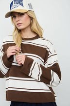 WIDE STRIPE CREW NECK LONG SLEEVE KNIT SWEATSHIRT