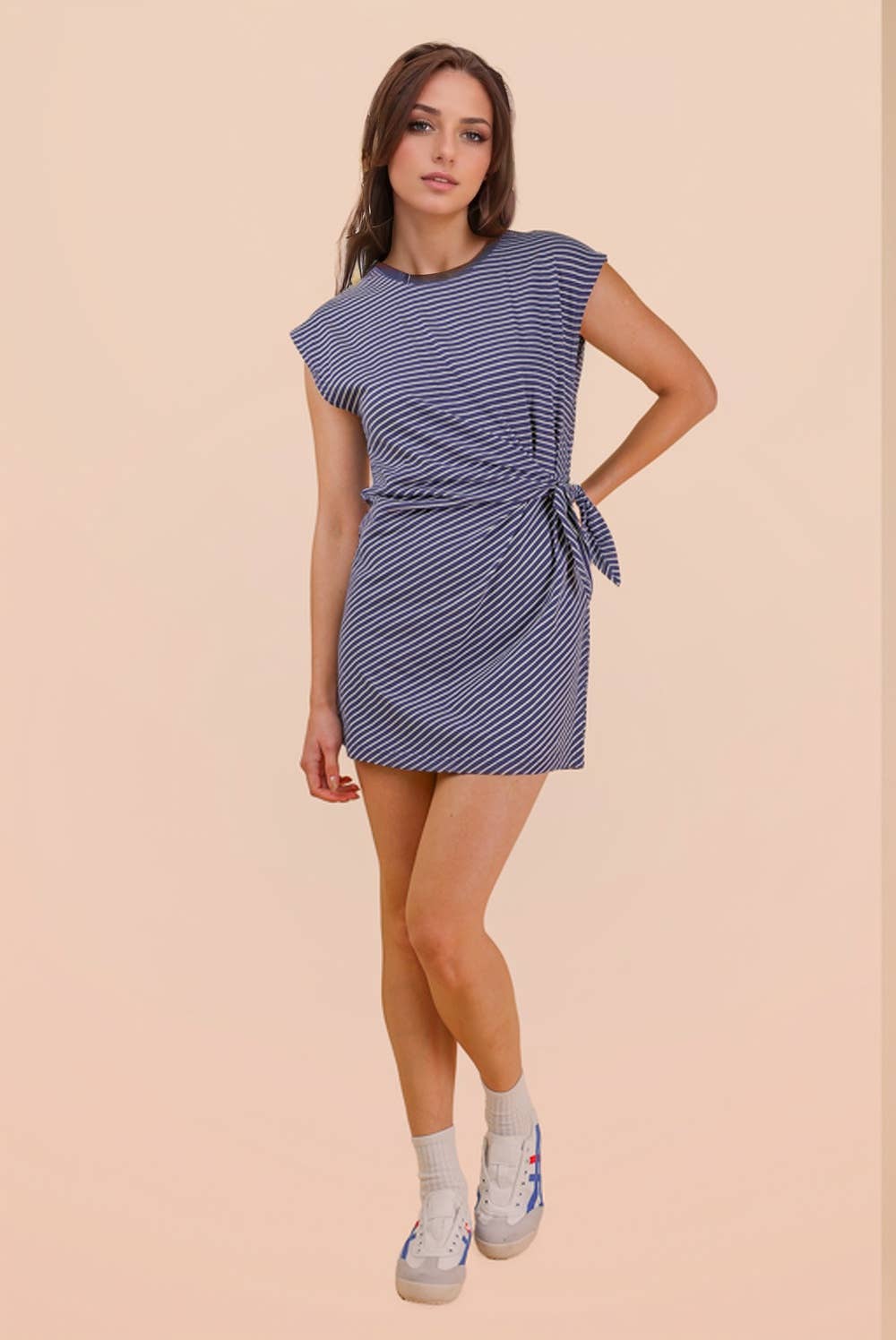 ND31733-Stripe Knit Sleeveless Mini Dress W/ Tie Detail
