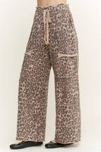 Mineral Washed Animal Leopard Wide Leg Pants
