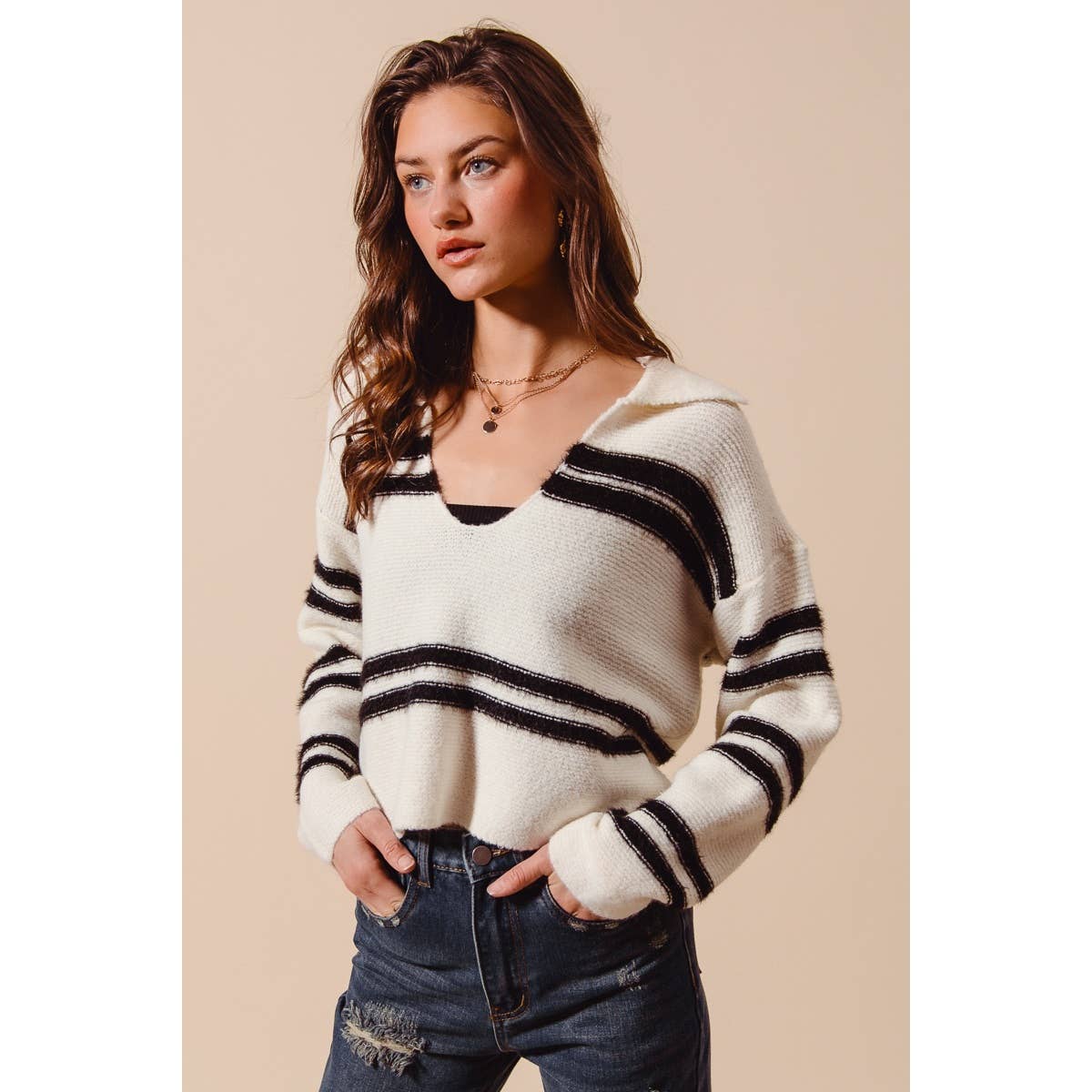 FUZZY HAIRY STRIPE DEEP U NECK SWEATER TOP