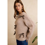 LEOPARD BOW ACCENT SOFT KNIT PULLOVER SWEATER