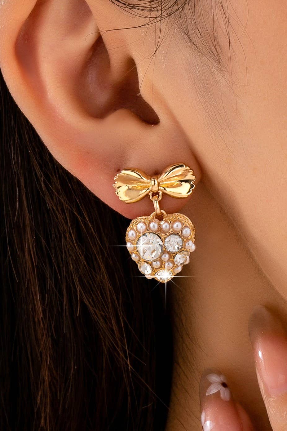 Romantic Crystal Pearl Bow Dangle Earrings | 80E62995