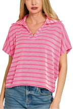 Raised Rib Striped Collared Top