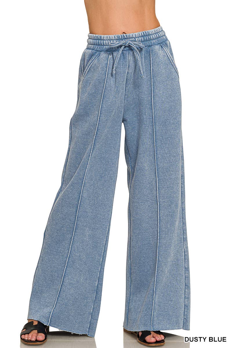 Acid Washed Fleece Pintuck Wide Leg Pants w/ Pockets