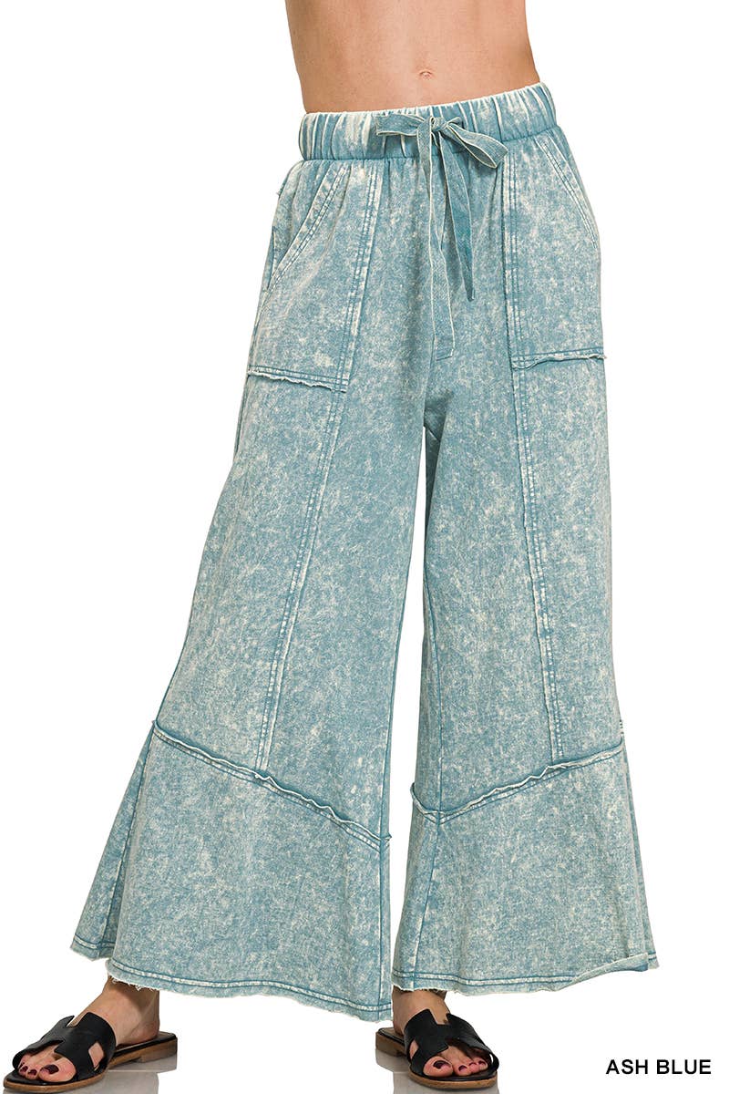 `Acid Washed Flare Hem Pants With Pockets Zenana