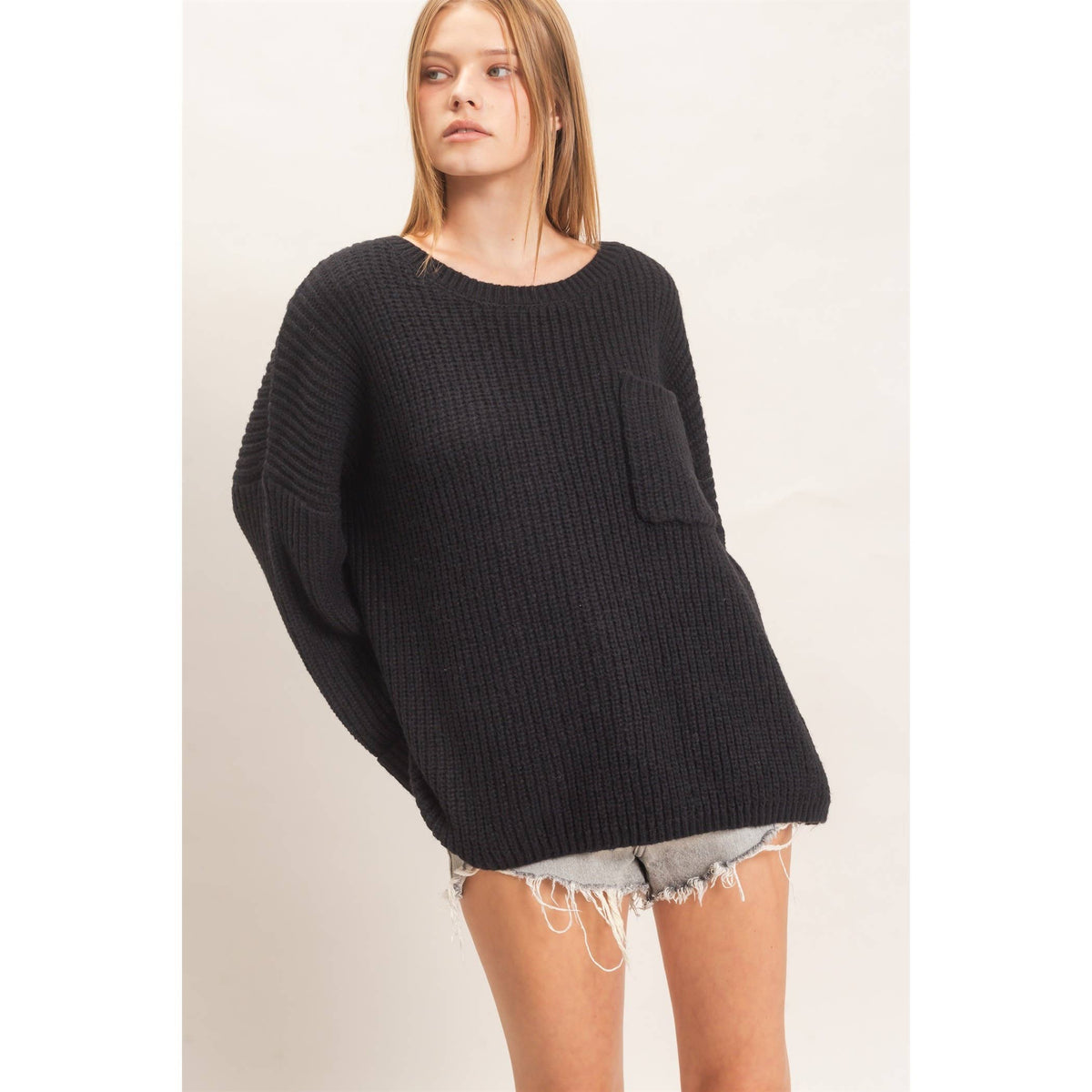 Ribbed Knit Patch Pocket Sweater