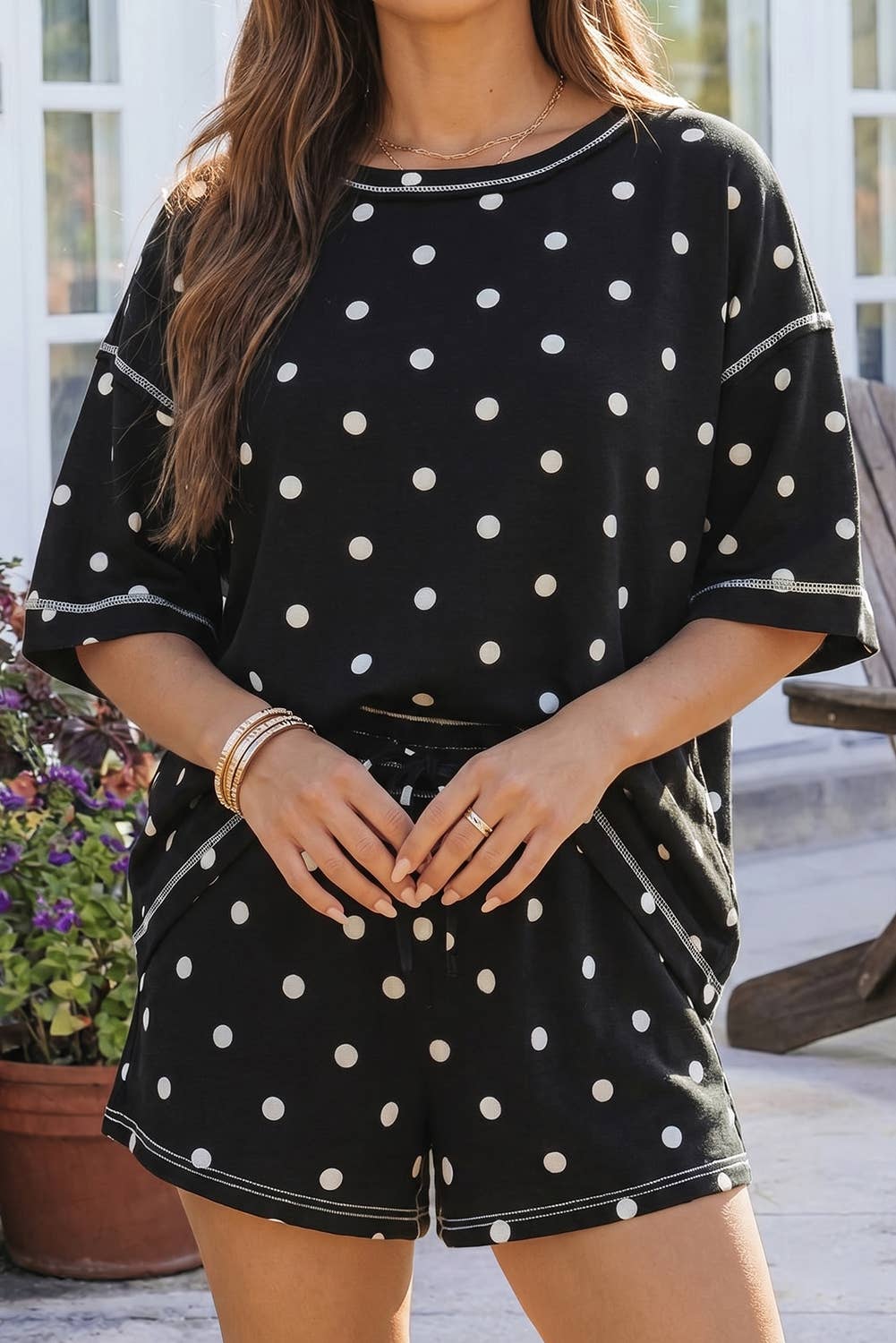 Seam Detail Polka Dot Loose Tee Drawstring Shorts Set