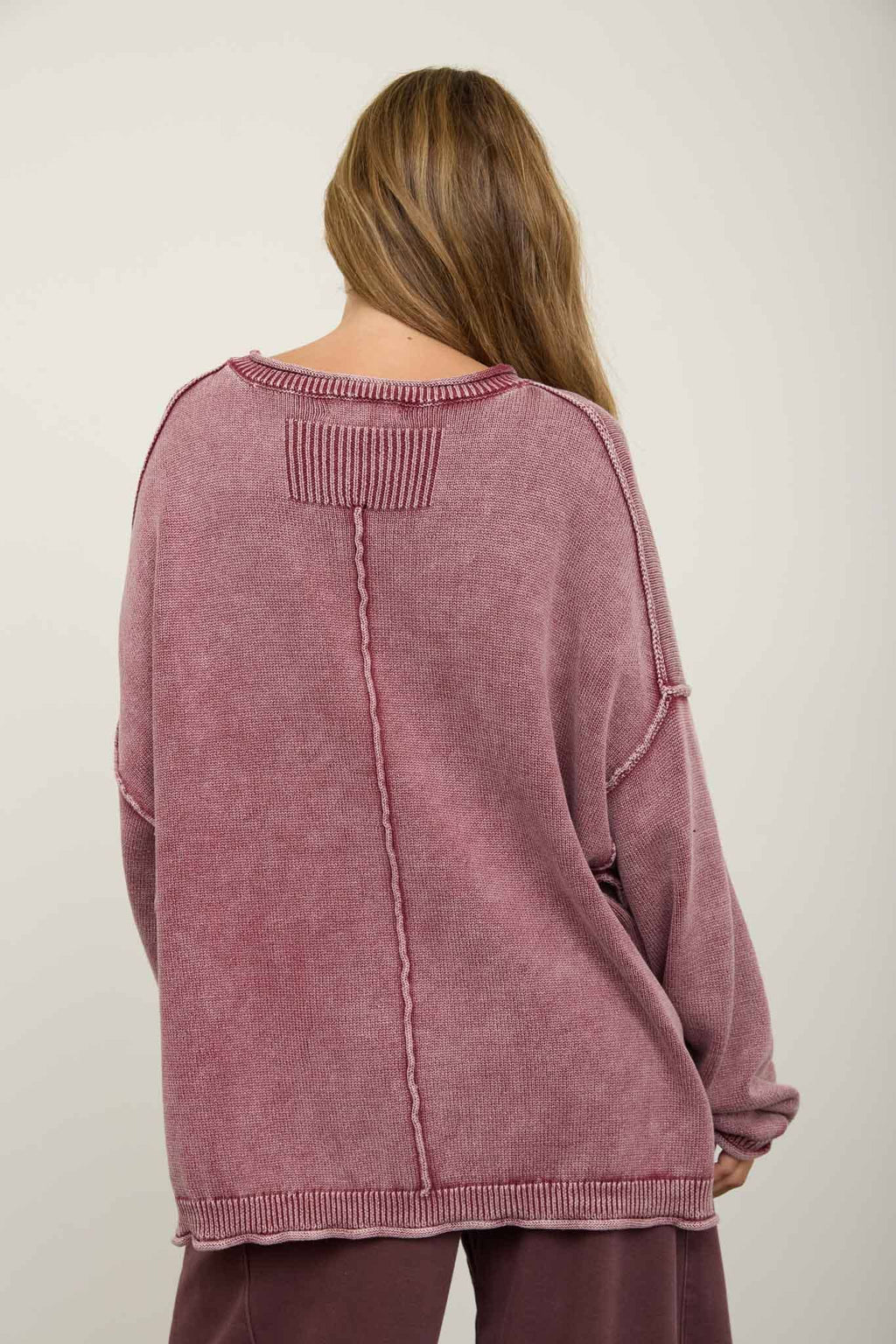 WASHED RAW EDGE CREW NECK DROP SLEEVE SWEATER